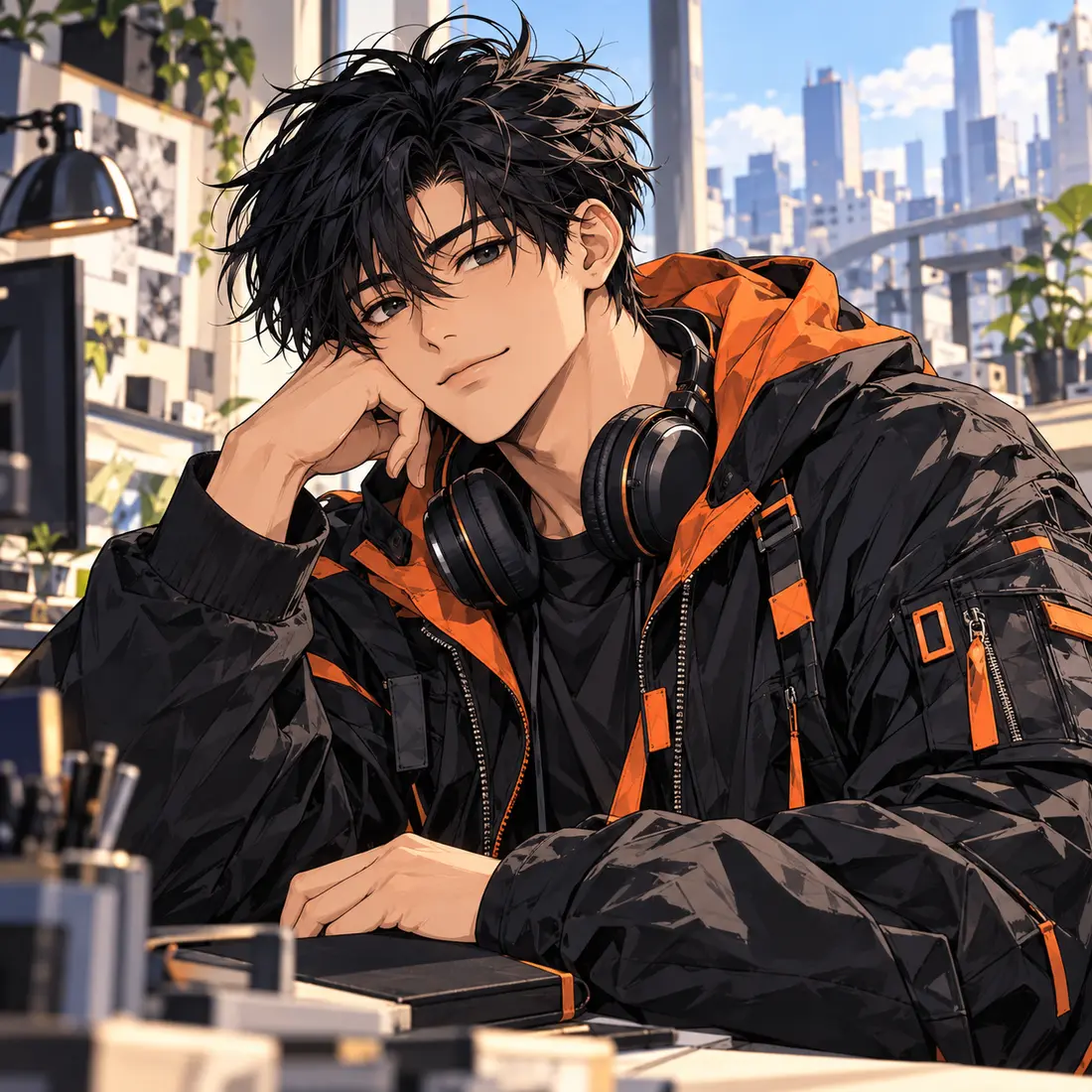 Original anime developer avatar in a black jacket with orange hood, a creative illustration rather than a photograph.