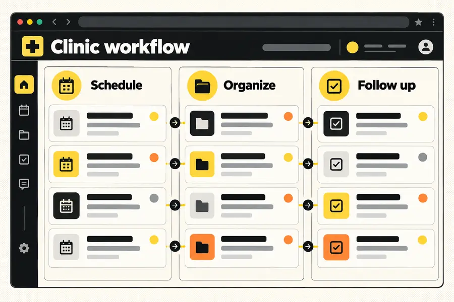 Clinic Management System: original illustrative interface concept, not a product screenshot.